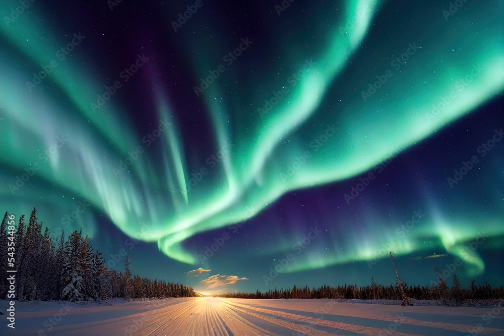 芬兰拉普拉冬季景观中壮观的北极光（北极光）