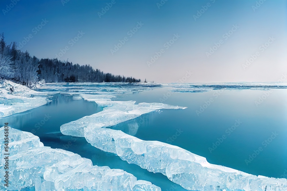 美丽的冬季景观，有蓝色的冰洞石窟和冰冻的清澈冰柱。俄罗斯贝加尔湖。
