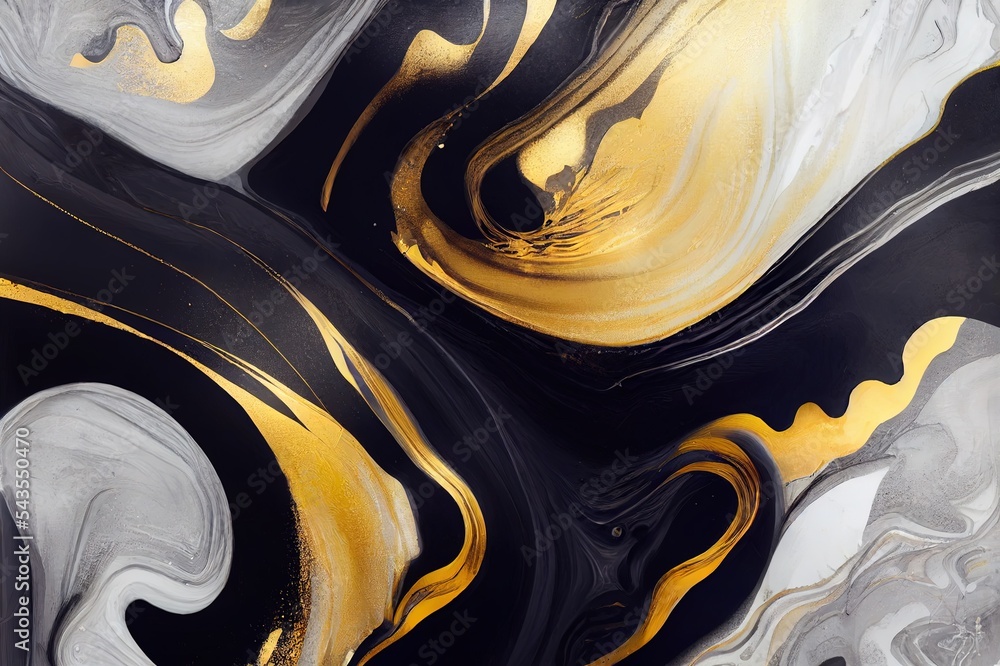 酒精墨水技术的奢华抽象流体艺术绘画，黑色、灰色和金色颜料的混合物。