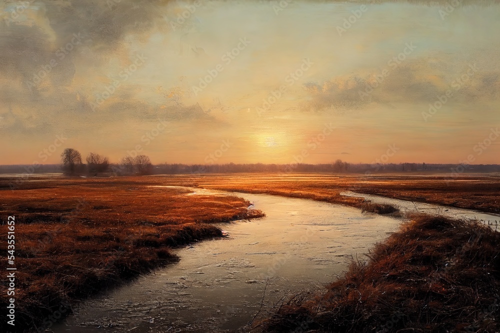 荷兰一条冰冻溪流的围场冬季景观。现在是年月日凌晨