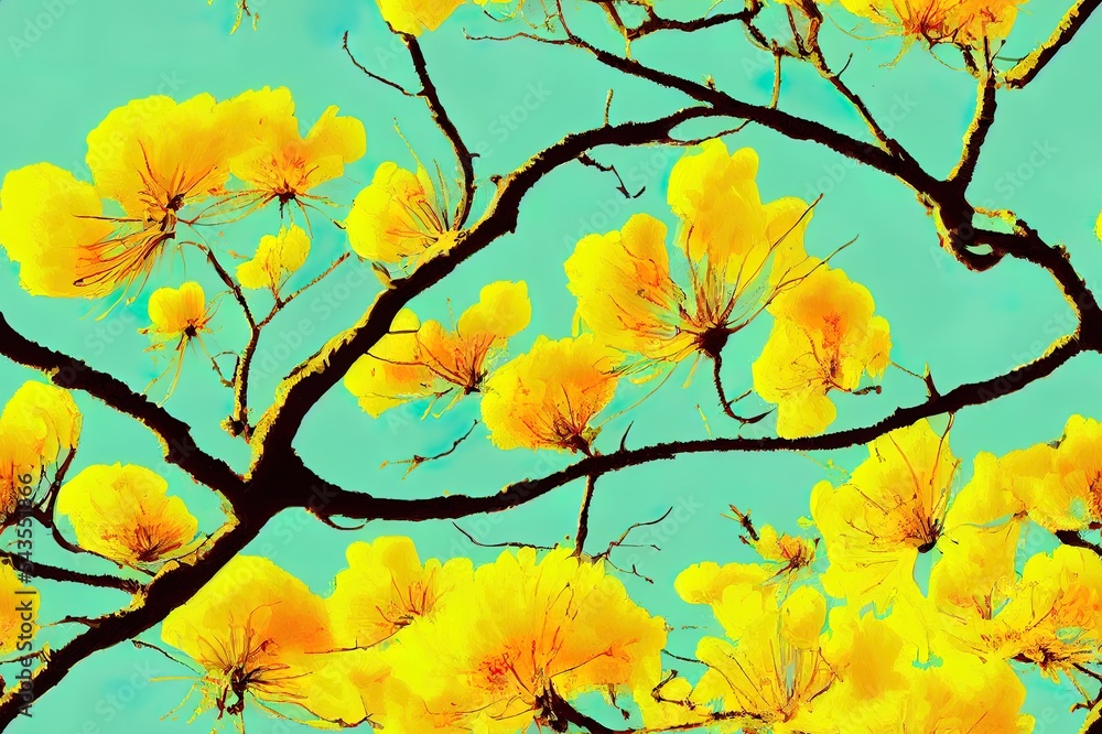 黄色花朵的花树的数字艺术。可打印的墙壁艺术，自然背景或图案