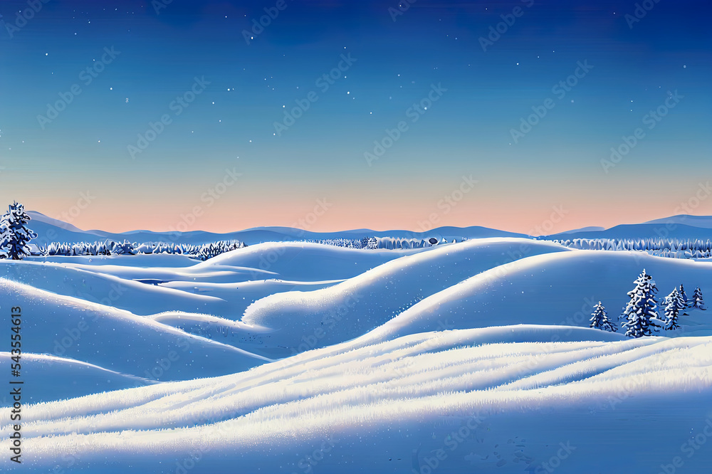 美丽的冬季景观，晴朗的霜冻天，地平线上有一片白雪和森林