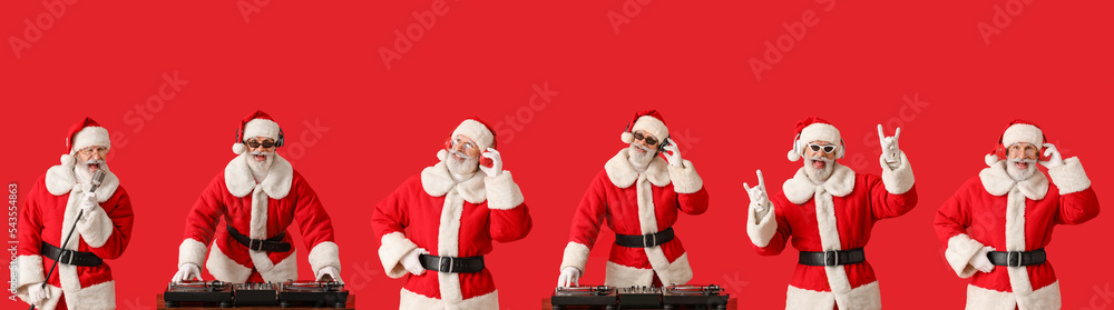 圣诞老人在红色背景下听音乐唱歌的场景