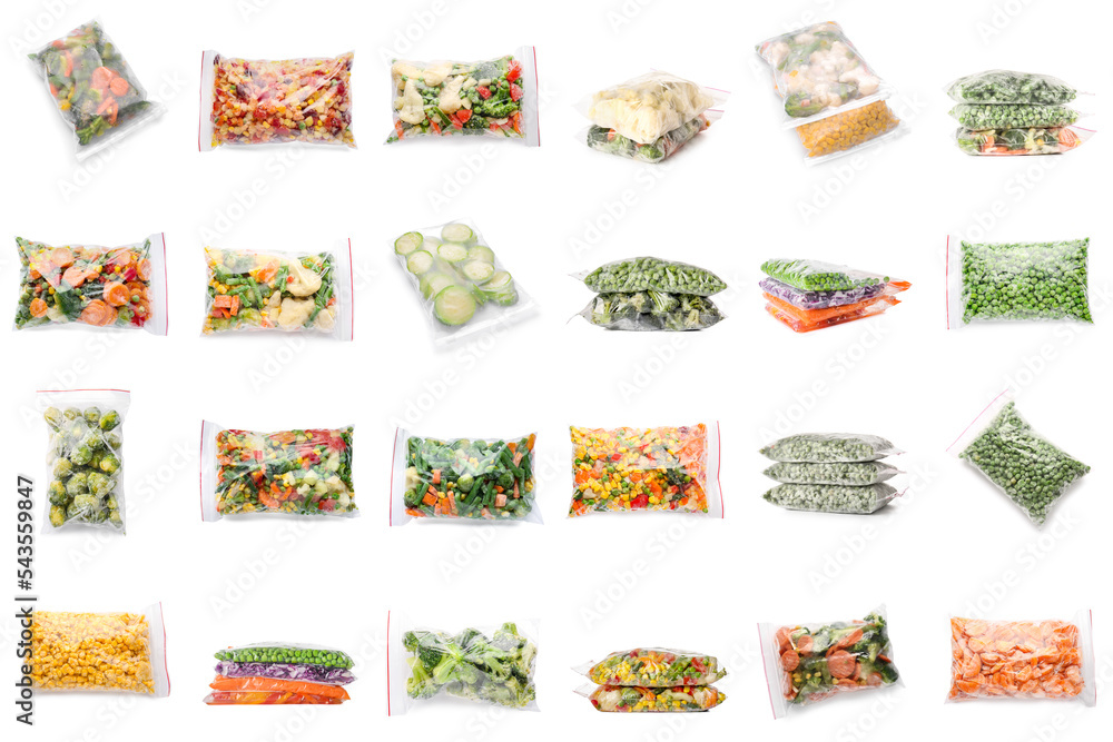 白色背景上有冷冻新鲜蔬菜的塑料袋拼贴