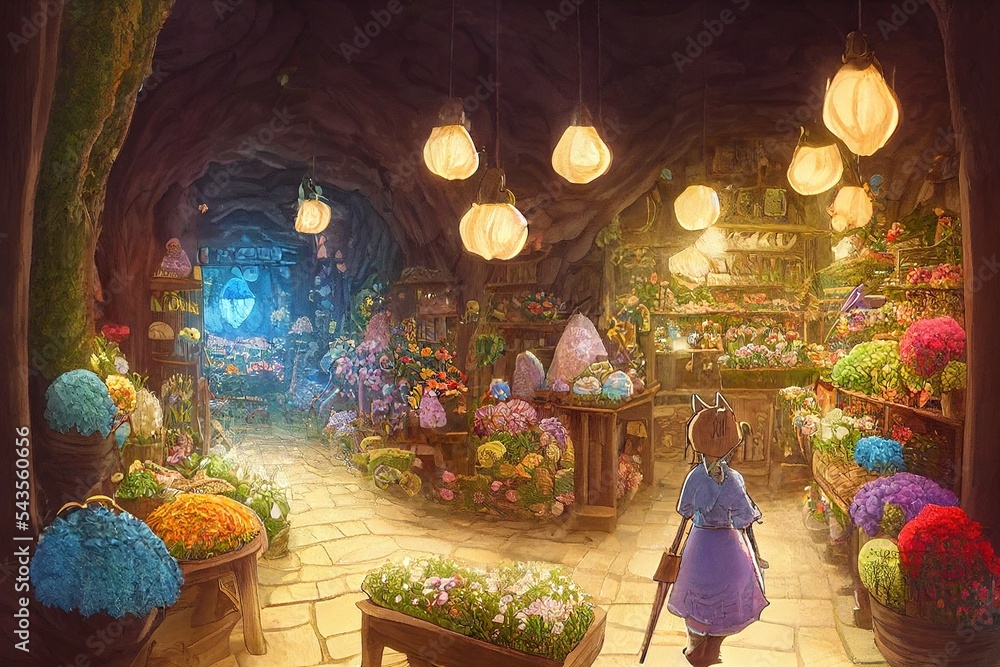 中世纪幻想中的花店内部，有着童话般的花朵智慧般的色彩温暖的灯光