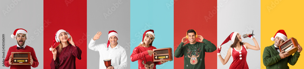 人们在彩色背景上戴着耳机、麦克风、鼓和收音机。圣诞明星