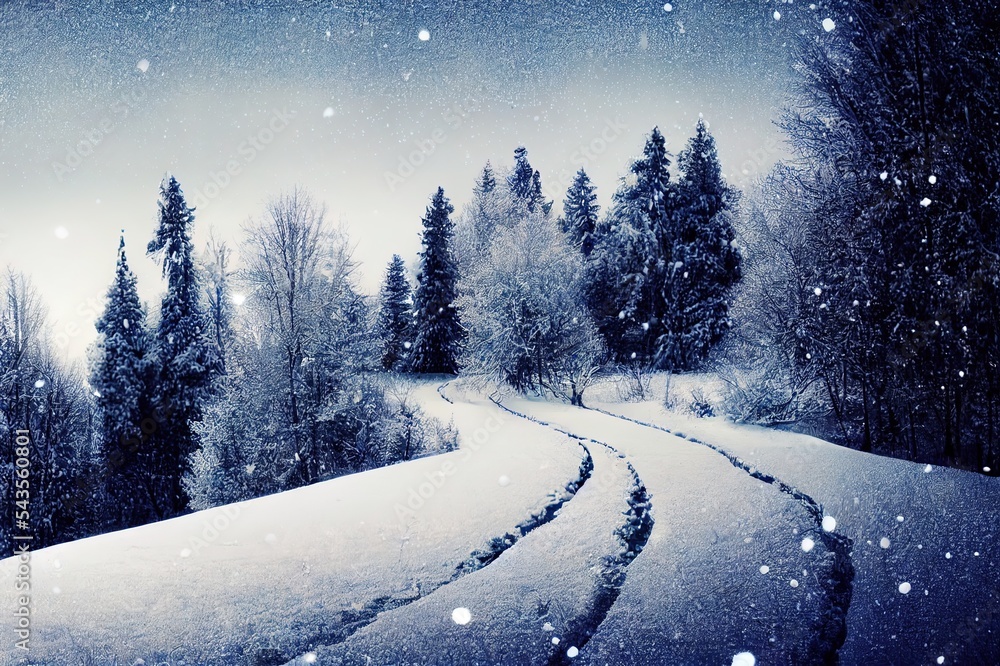 美丽的冬季背景是雪，背景是模糊的森林，轻轻飘落的雪花aga