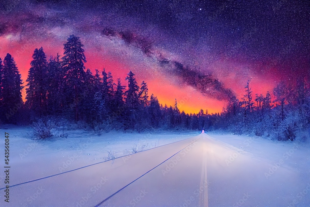 通往彩色日出的道路，在白雪覆盖的树木之间，天空中有史诗般的乳白色道路