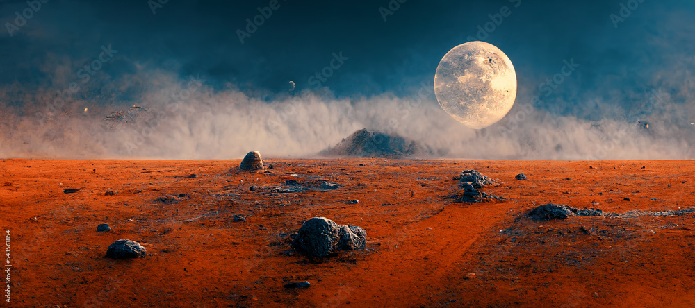 火星景观、稀薄的大气层地平线天空和da期间明亮的月亮的壮观全景