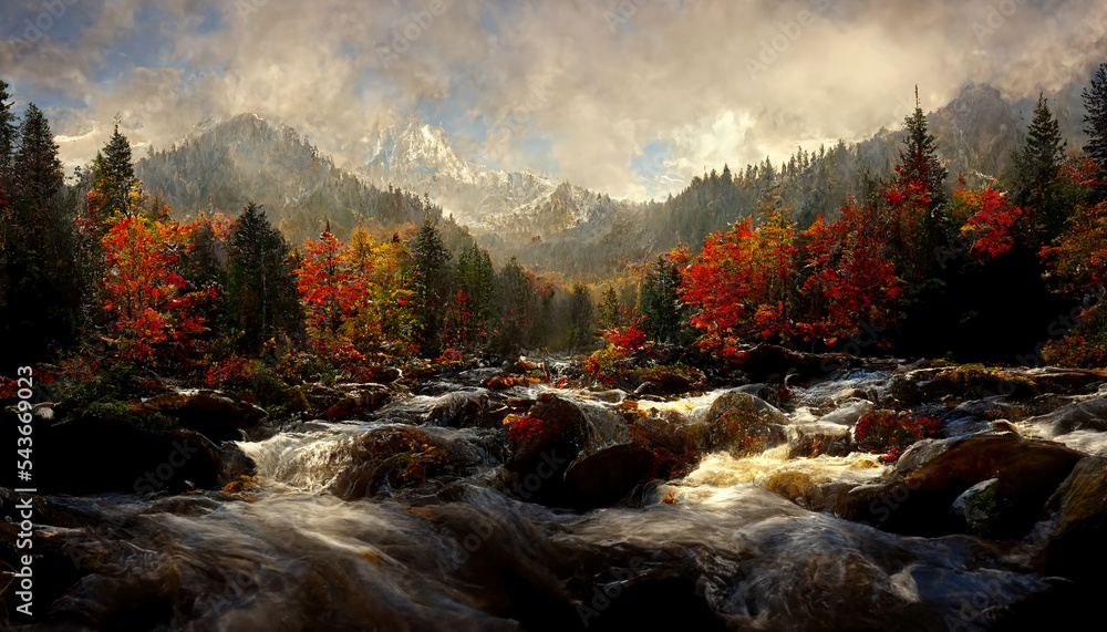 壮观的秋季森林全景，远处是山脉，上面有明亮的橙色叶子