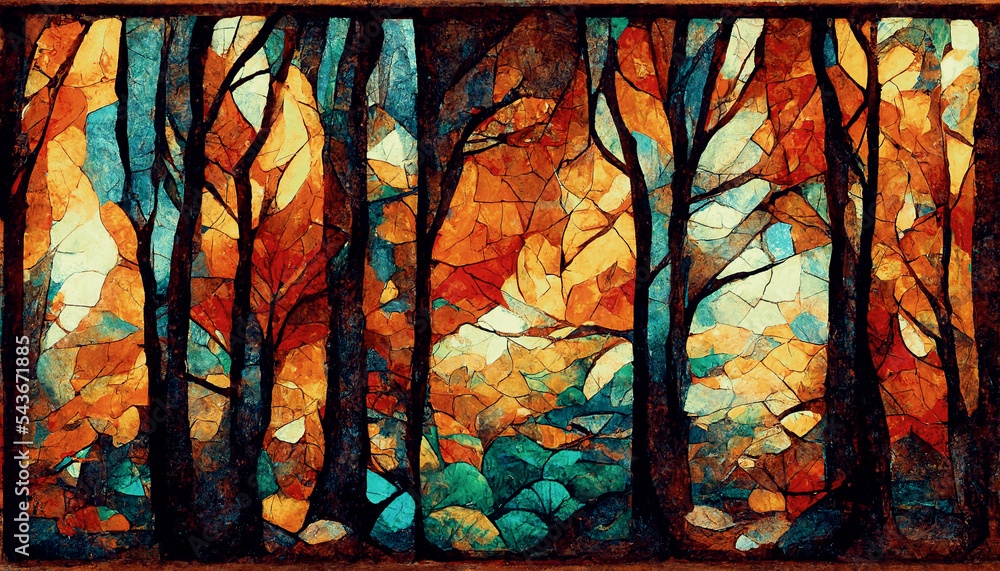 马赛克玻璃背景中壮观的秋季抽象图案，带有黄色森林la