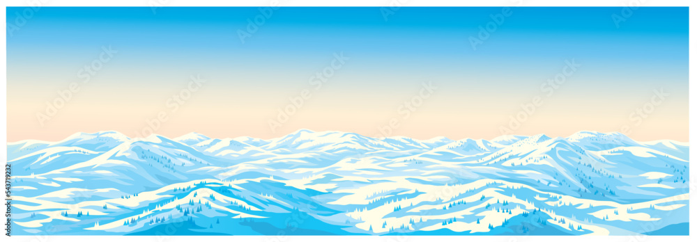 冬季景观，冬季阳光照亮了白雪覆盖的山丘，插图形式为