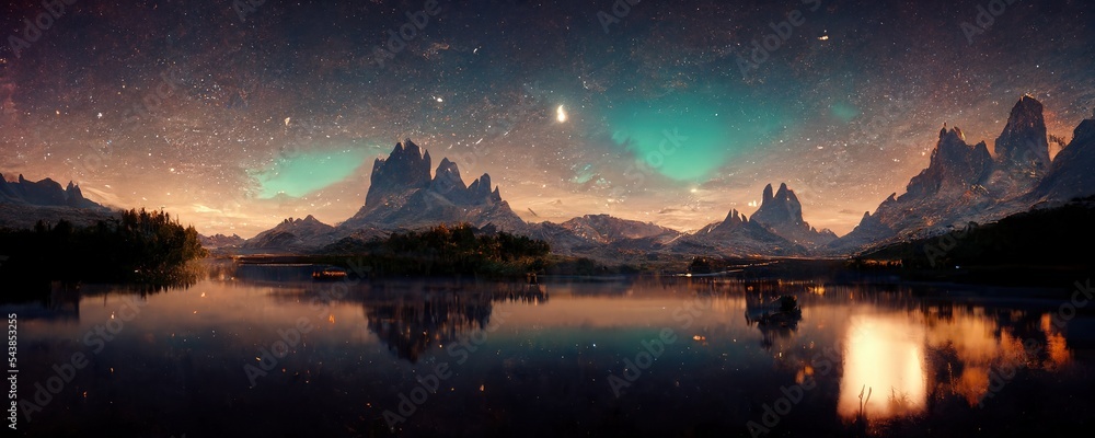 Spectacular nature background of beautiful mountain and lake in starry night with shimmering light, 