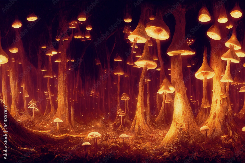 壮观的梦幻森林，以红光为风景，四处蔓延的发光蘑菇提供光线