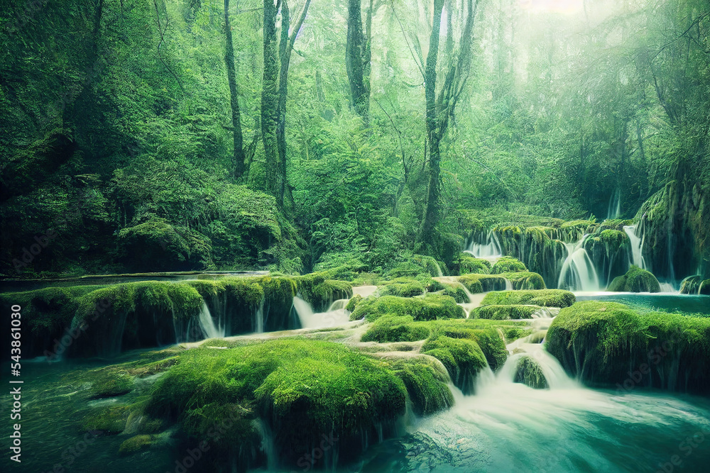 森林深处壮观的瀑布景观，绿树成荫，自然环境。绿色风景区