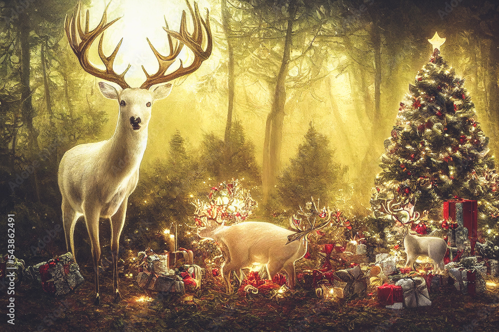 Beautiful deer and christmas festival in pine woods decorated with spectacular gift boxes and decora