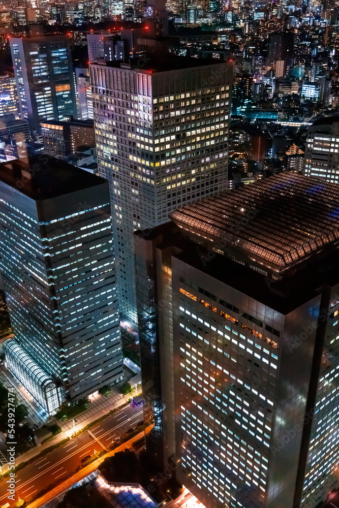 高耸在日本东京西新宿夜景之上的摩天大楼