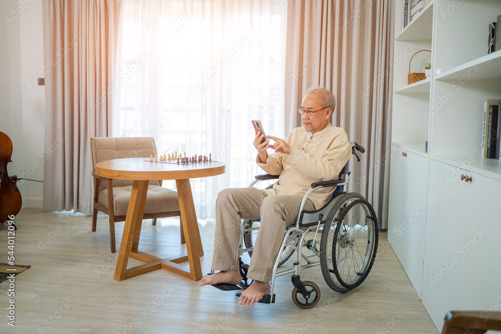 Fa，一位坐在轮椅上的老人在客厅的视频电话会议上与亲戚交谈