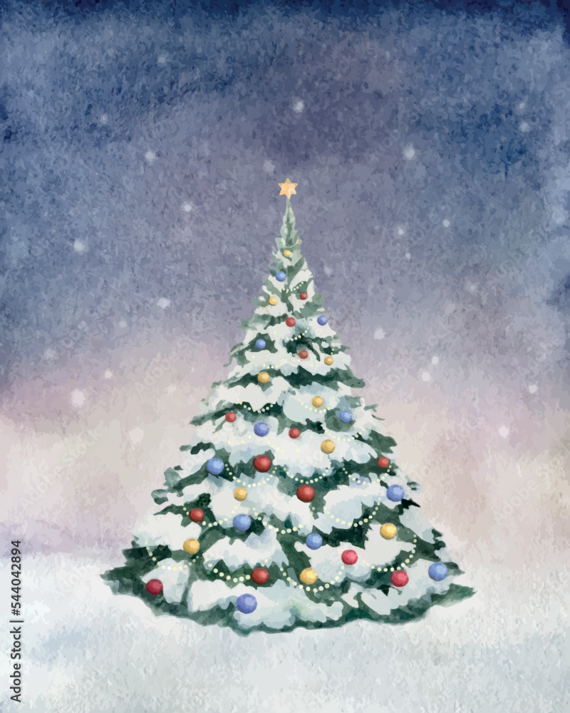 以球和冬雪为背景的水彩矢量圣诞树贺卡。