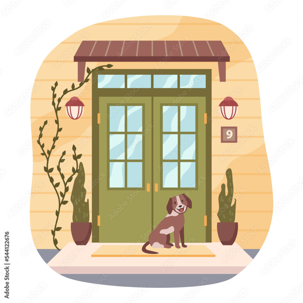 房子的入口门，带室内植物的独立门廊，家的数量和小狗坐在垫子上。布