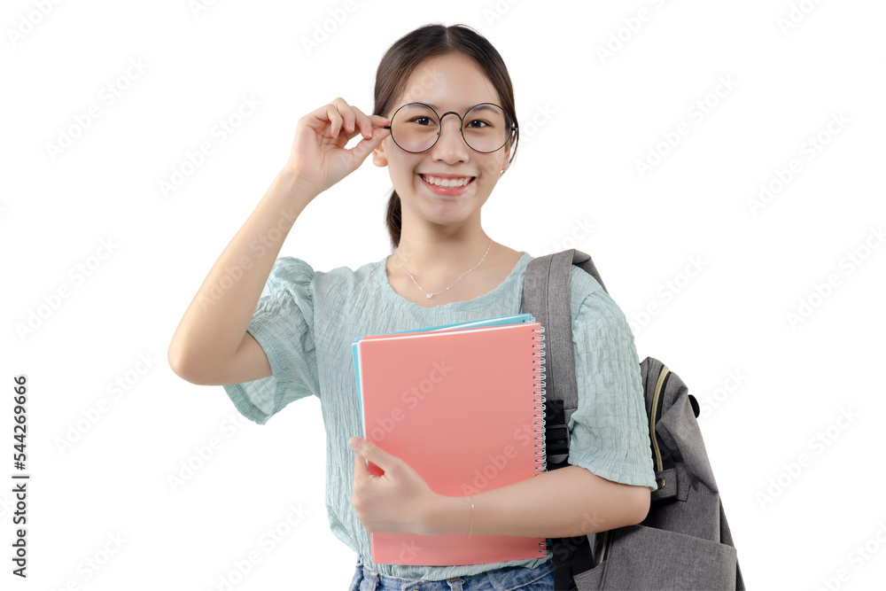 戴眼镜的年轻亚洲学生女孩。PNG文件格式透明背景。