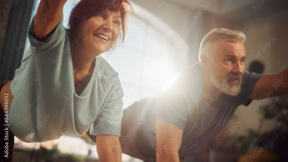 阳光明媚，一对老年夫妇在家一起做体操和瑜伽伸展运动的肖像