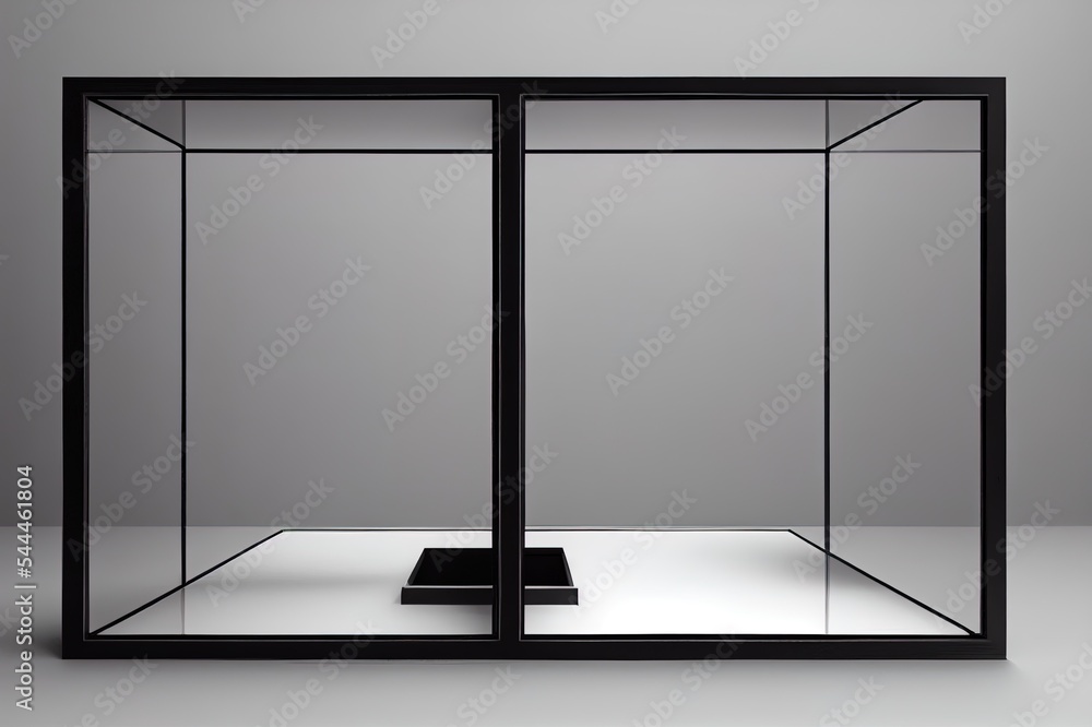 一个空的方形玻璃展示柜，木质底座，独立的白色工作室背景3D rend