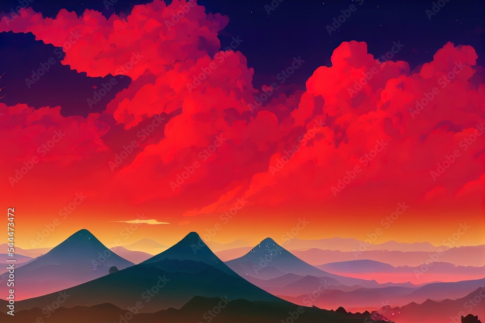 红色太阳山景观，动漫，漫画风格。数字绘画，黎明，黄昏的云景
