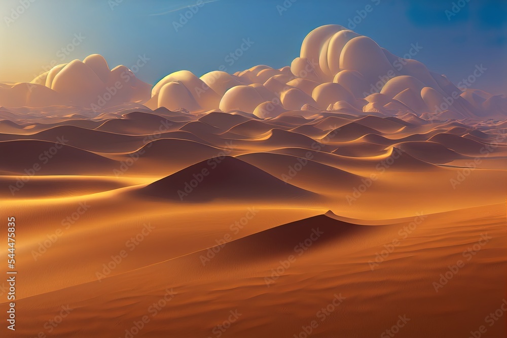 Fantasy desert landscape, sandstorm, sands, dunes. Empty desert landscape, dramatic sky clouds with 