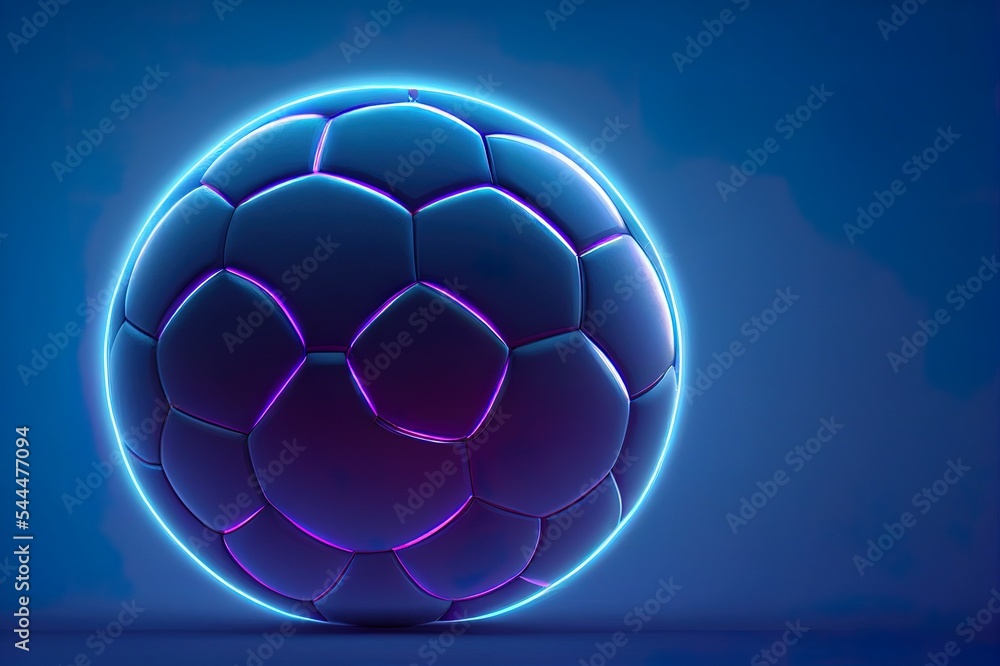 足球或足球，带有未来主义的蓝色发光霓虹灯，背景暗，带有复制间距