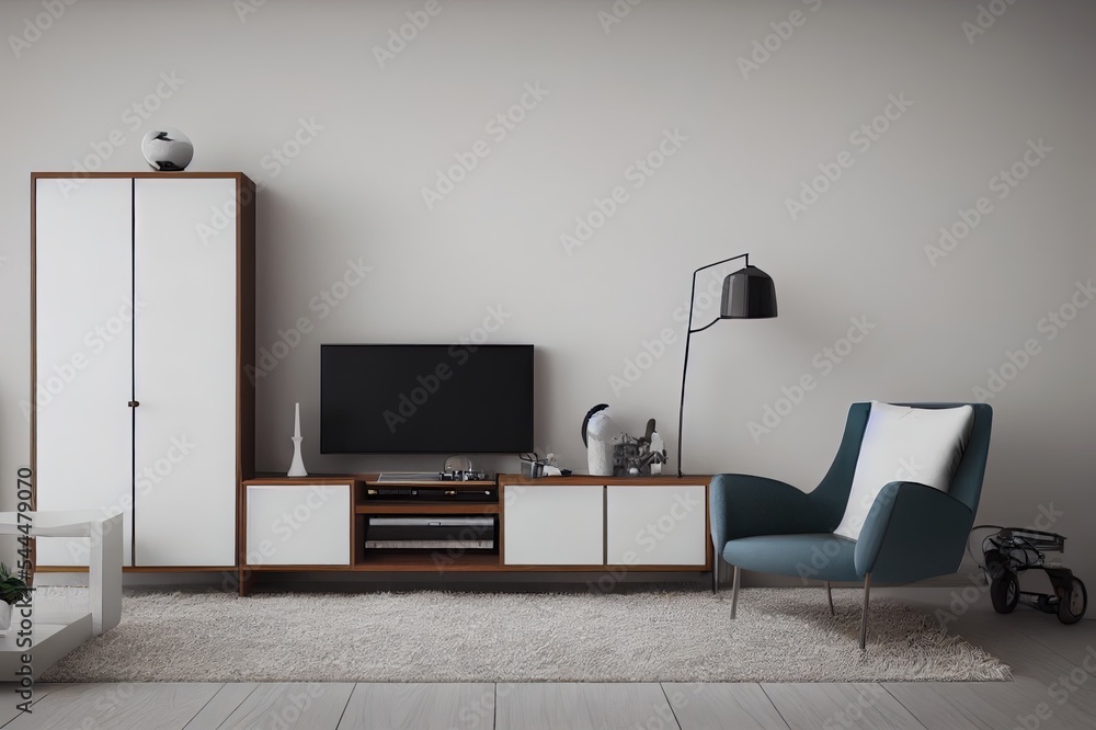 现代客厅的橱柜电视，白墙背景上有扶手椅。3d效果图