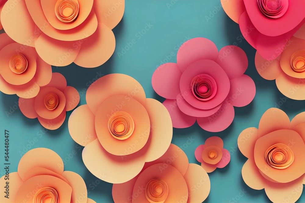 3d渲染，数字插图，彩色纸花壁纸，春夏背景，花卉