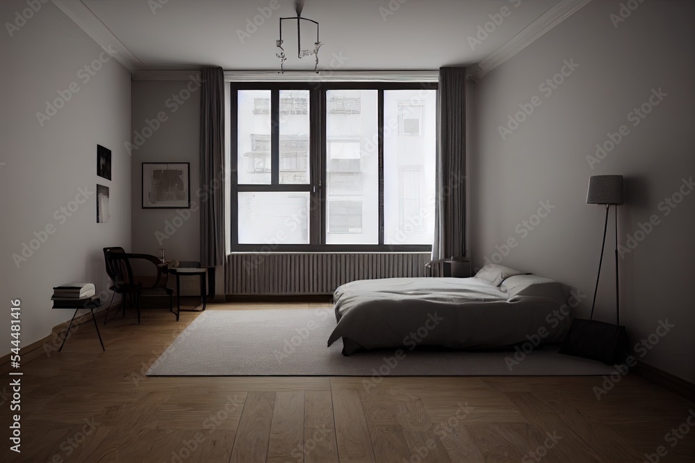 卧室采用复古极简风格的室内装饰。采用木质材料和浅灰色布料。