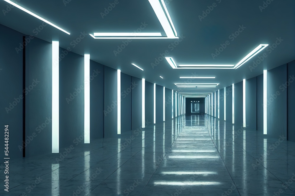 抽象的未来主义空地板和房间科幻走廊，用于展示、房间、室内和展示的灯光