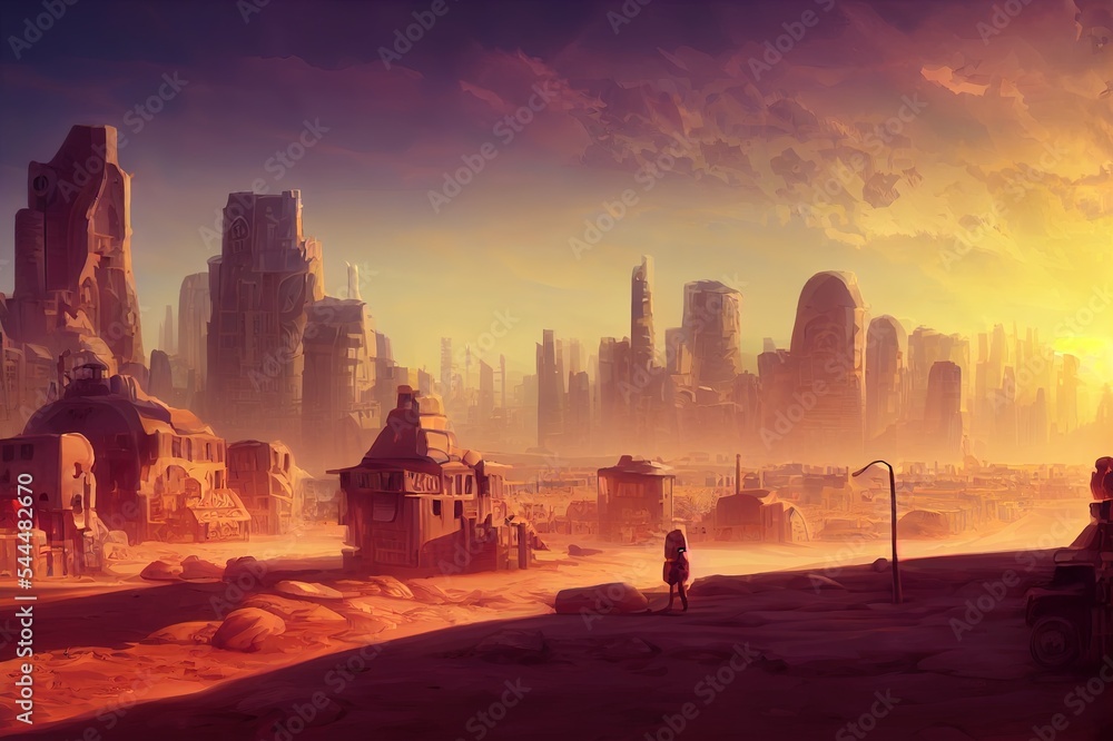 My Small City Scene, Desert City. Video Game Digital CG Artwork, Concept Illustration, Realistic Car