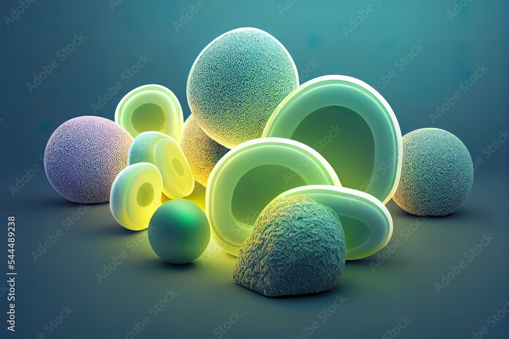 创意单调益生菌补充广告模板。三维绿色包装与球体组成
