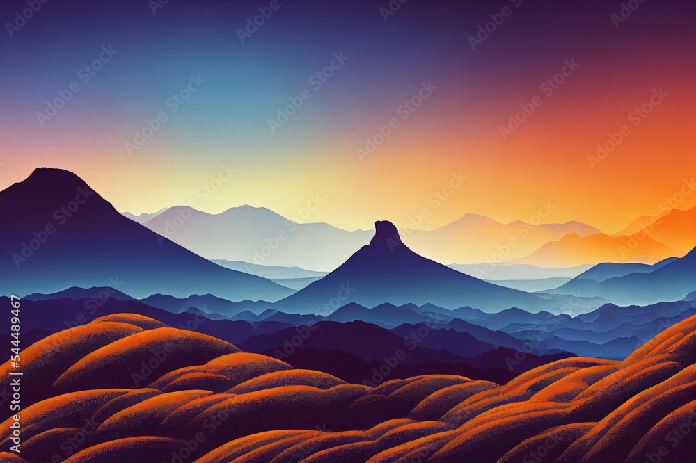 蓝色和橙色落基山景观数字插图