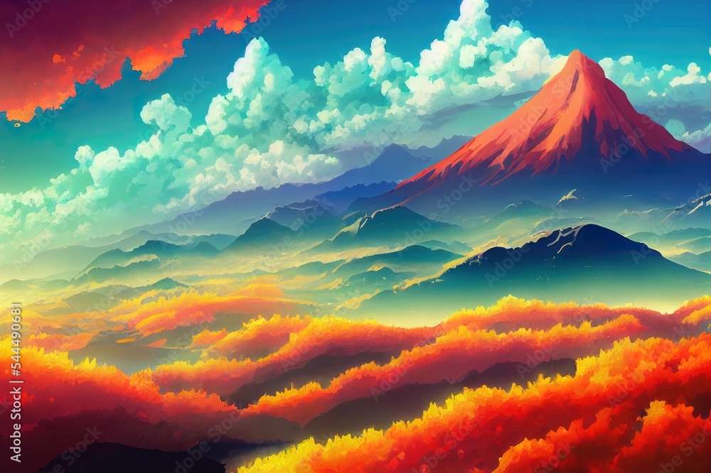 山水动漫，漫画家的风景。4K绘制的风景有山，火山有云。完美w