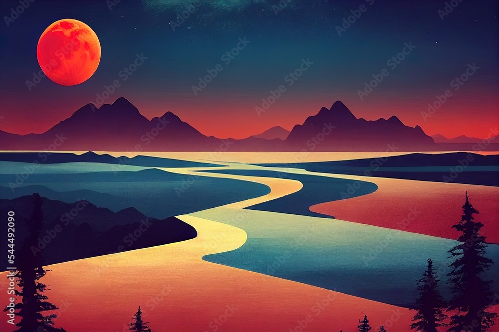 美丽的自然风光——五彩斑斓的山脉和红色的月亮，极简主义的艺术景观，山墙艺术，