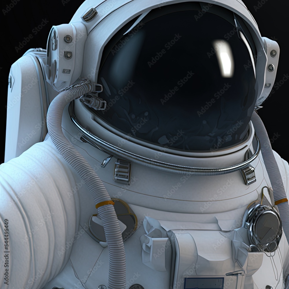 身穿白色宇航员服，带头盔。头盔上，面部区域是一块大玻璃。头盔