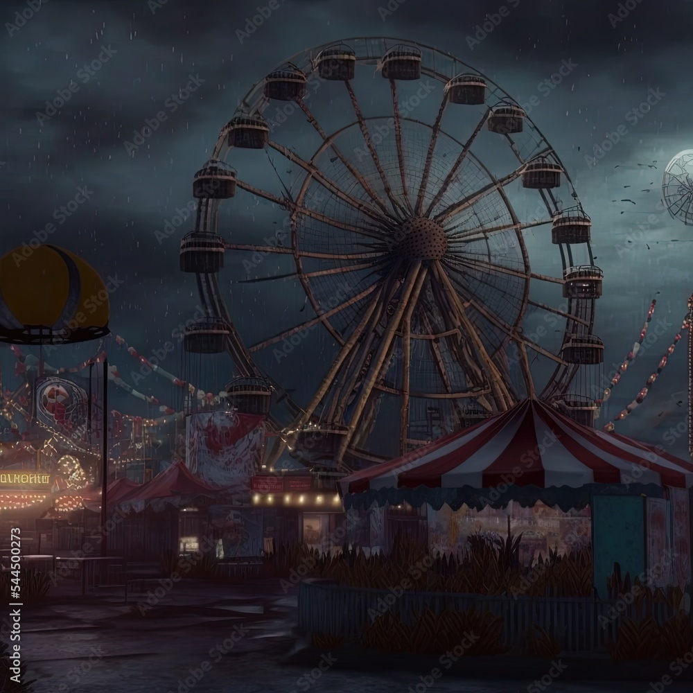 3D Rendering, Illustration of an abandoned carnival with a ferris wheel on a cloudy night