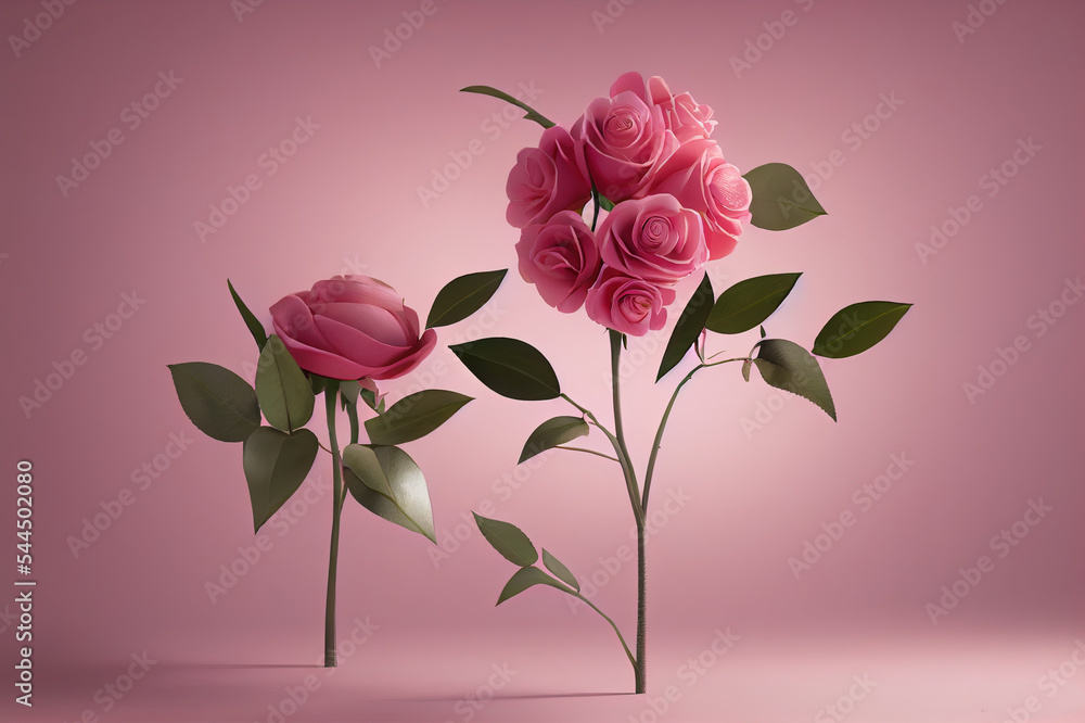 粉色玫瑰花产品展示的自然美景讲台背景。3d渲染。