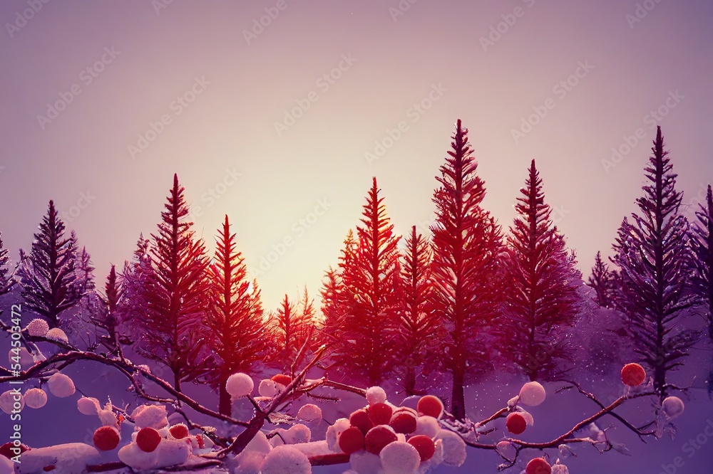 边境冬季自然背景。透过带浆果的松枝观看