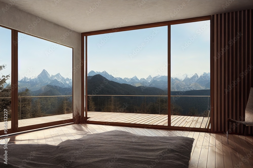 现代宽敞的木制露台，享有美丽的山景和实体模型。3D渲染
