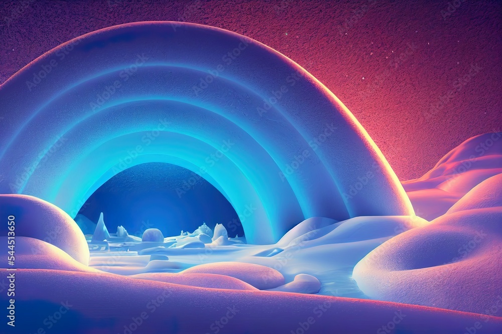 抽象幻想冰川冬季寒冷的霓虹灯景观。冬季雪地景观。冬季背景，冰，