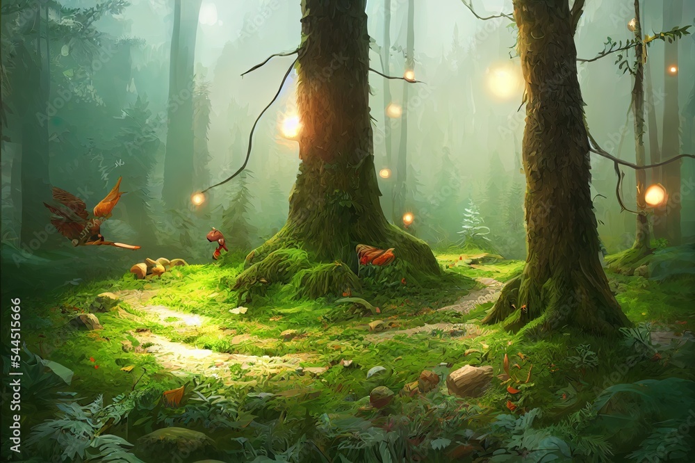 森林宝藏。电子游戏数字CG艺术品，概念插图，逼真卡通风格回归