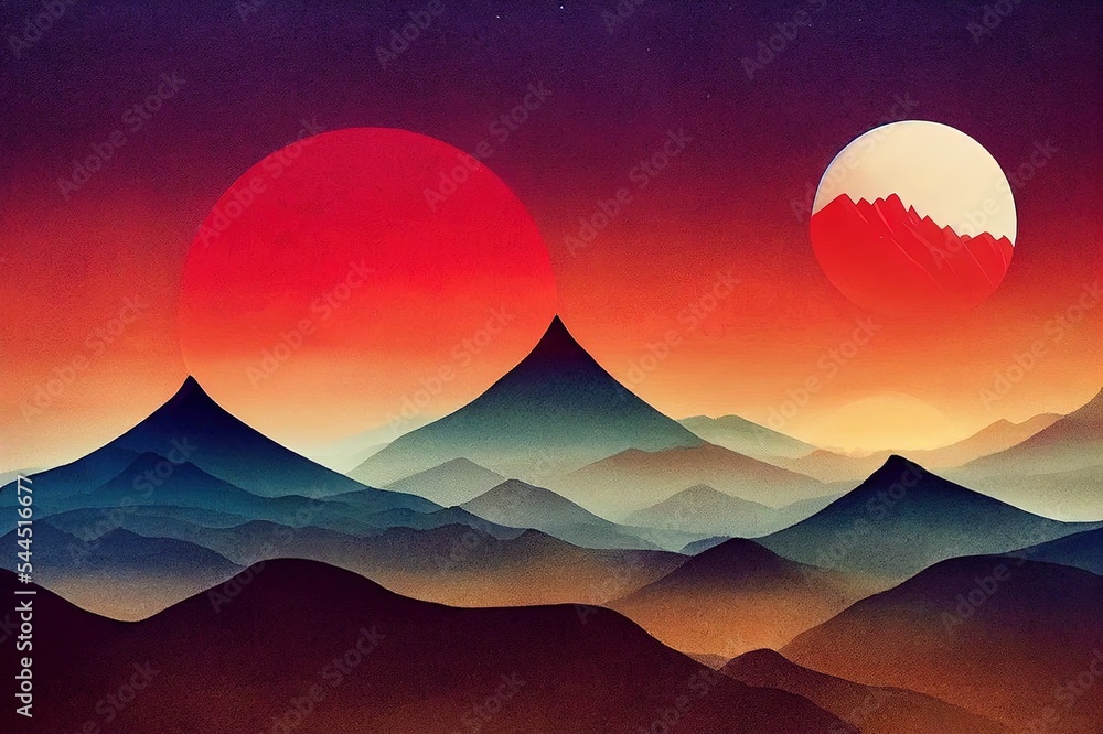 美丽的自然风光、色彩斑斓的山脉和红色的月亮、最小的艺术景观、山墙艺术，