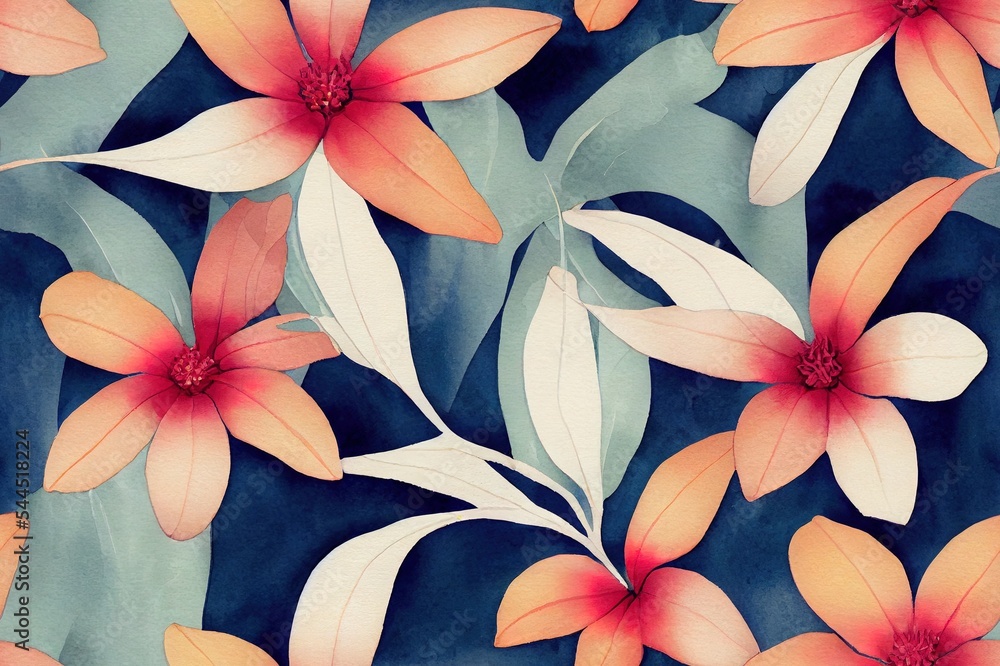 热带花卉的无缝花卉图案，水彩。
