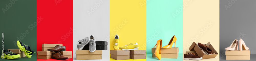 彩色背景时尚新鞋的纸板箱系列