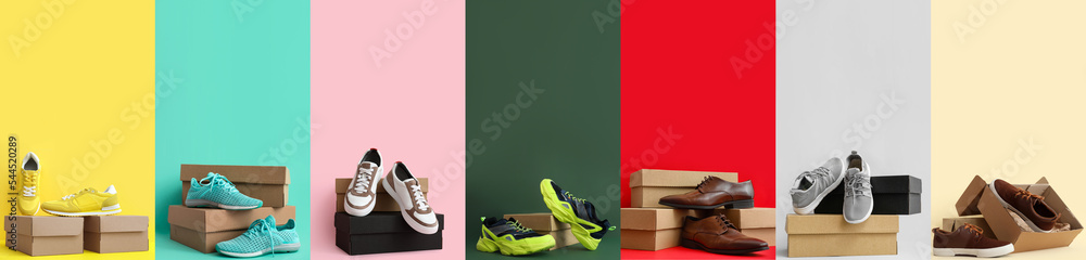 彩色背景上有时尚男鞋的纸箱拼贴